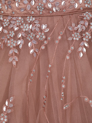 Peach Net Sequins And Floral Embroidery Bridesmaid Lehenga - Diadem