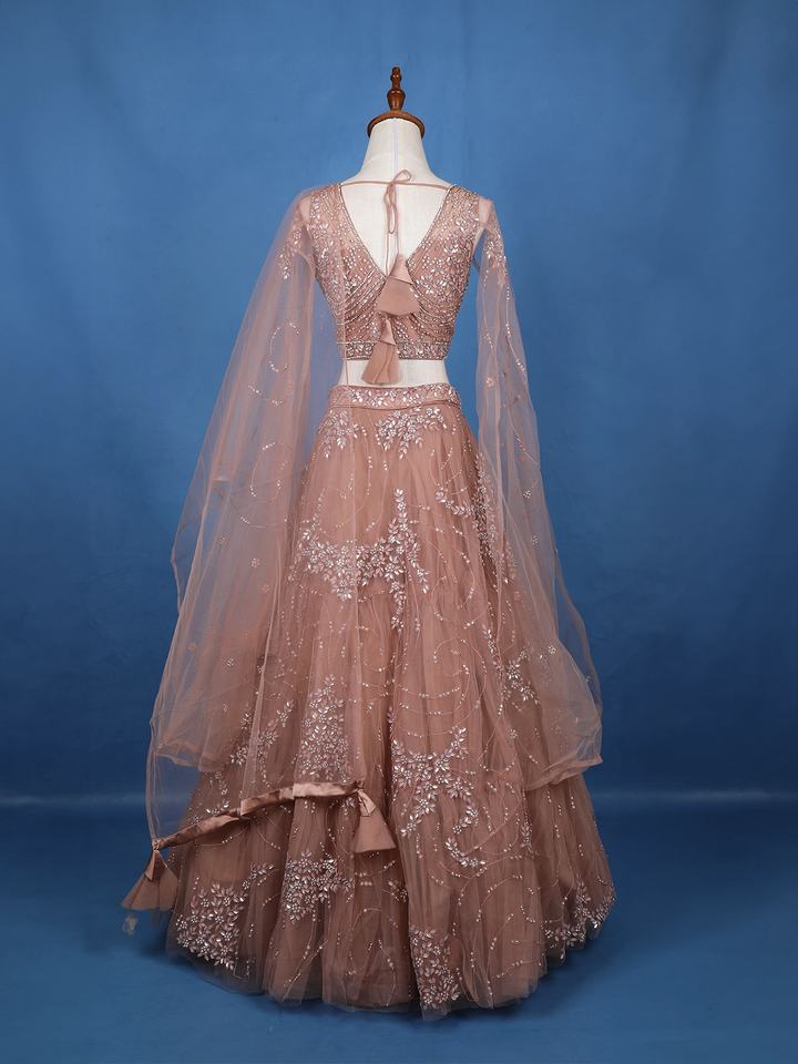 Peach Net Sequins And Floral Embroidery Bridesmaid Lehenga - Diadem