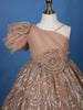 Peach One-Shoulder Glitter Net Party Frock with 3D Floral Embellishments