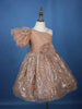 Peach One-Shoulder Glitter Net Party Frock with 3D Floral Embellishments