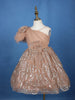 Peach One-Shoulder Glitter Net Party Frock with 3D Floral Embellishments