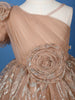 Peach One-Shoulder Glitter Net Party Frock with 3D Floral Embellishments
