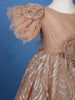 Peach One-Shoulder Glitter Net Party Frock with 3D Floral Embellishments