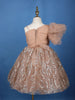 Peach One-Shoulder Glitter Net Party Frock with 3D Floral Embellishments