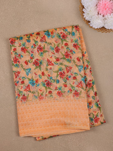 Peach Orange Floral Designed Fancy Cotton Saree - Diadem