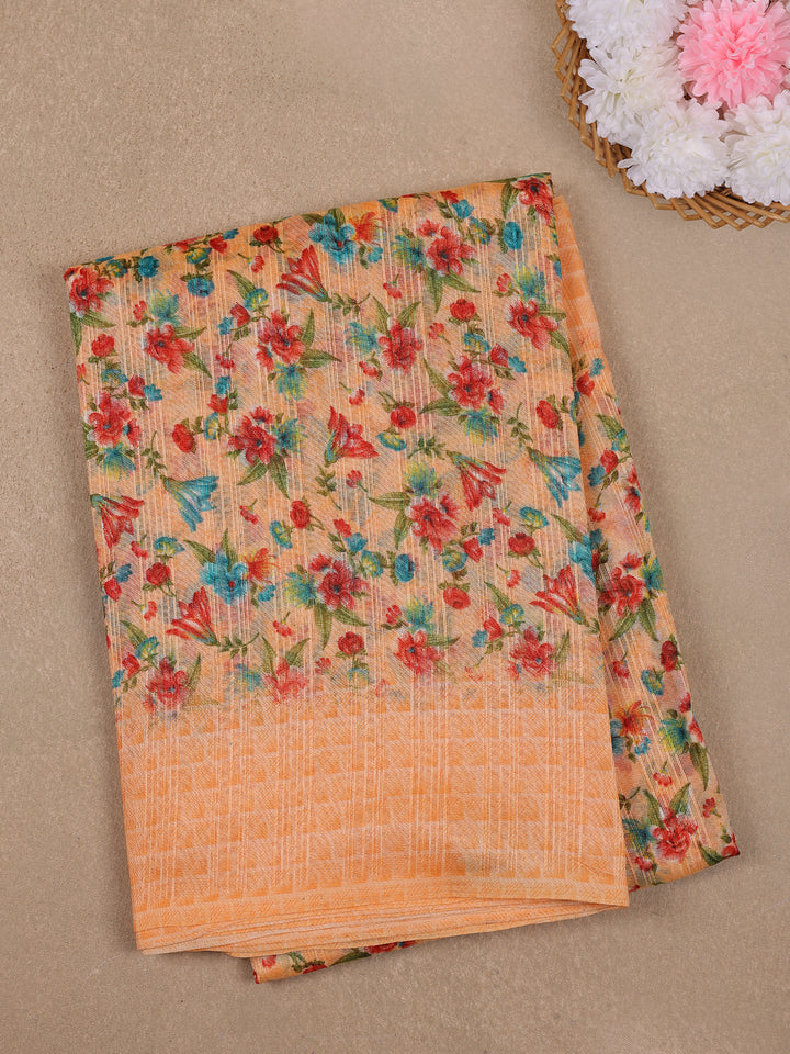 Peach Orange Floral Designed Fancy Cotton Saree - Diadem
