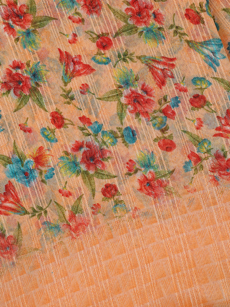 Peach Orange Floral Designed Fancy Cotton Saree - Diadem