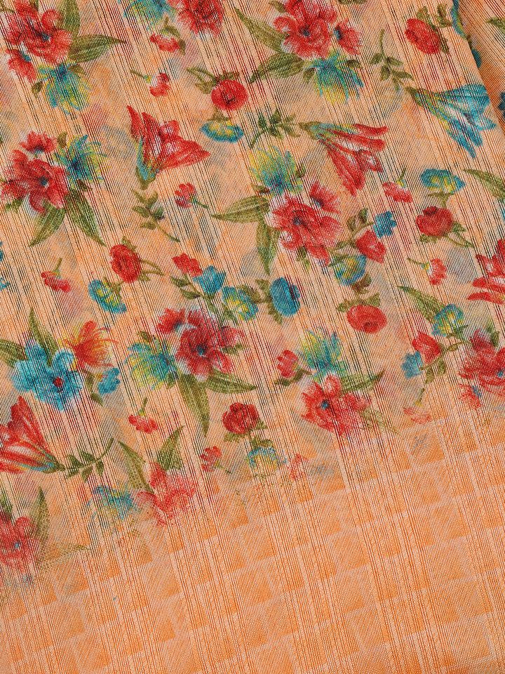 Peach Orange Floral Designed Fancy Cotton Saree - Diadem