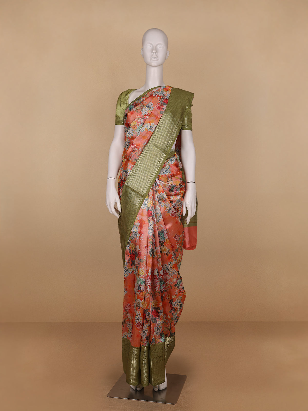 Peach Orange Floral Designed Kora Printed Saree - Diadem