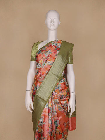 Peach Orange Floral Designed Kora Printed Saree - Diadem