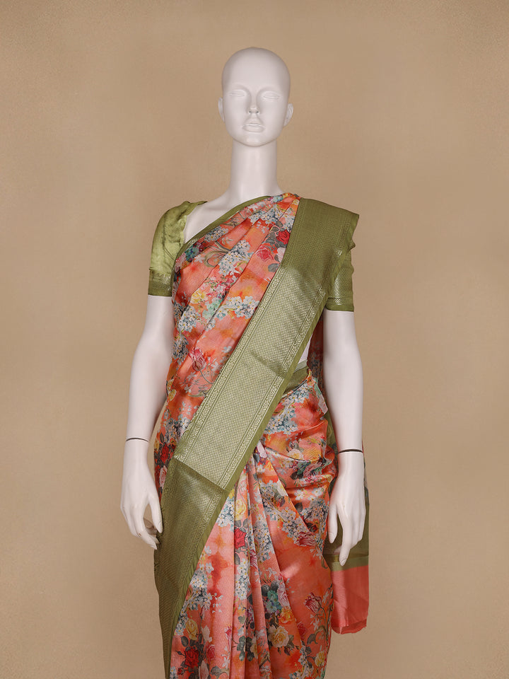 Peach Orange Floral Designed Kora Printed Saree - Diadem