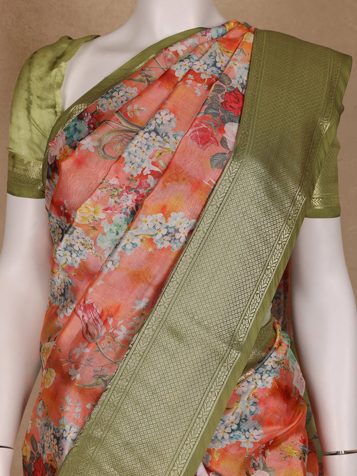 Peach Orange Floral Designed Kora Printed Saree - Diadem