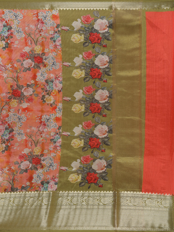 Peach Orange Floral Designed Kora Printed Saree - Diadem