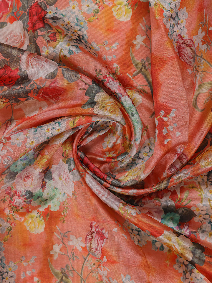 Peach Orange Floral Designed Kora Printed Saree - Diadem