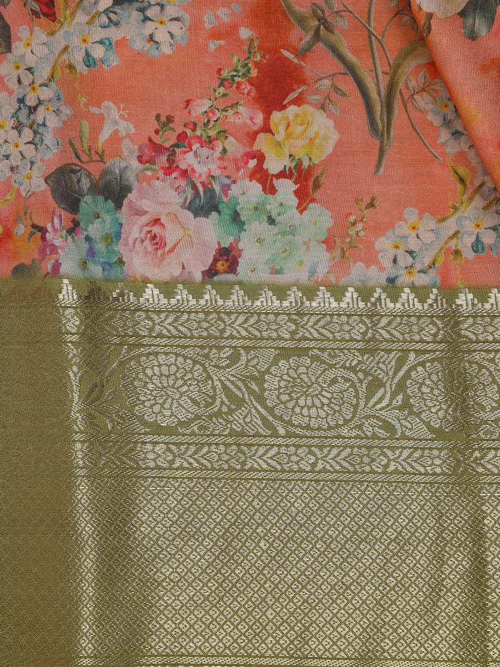 Peach Orange Floral Designed Kora Printed Saree - Diadem