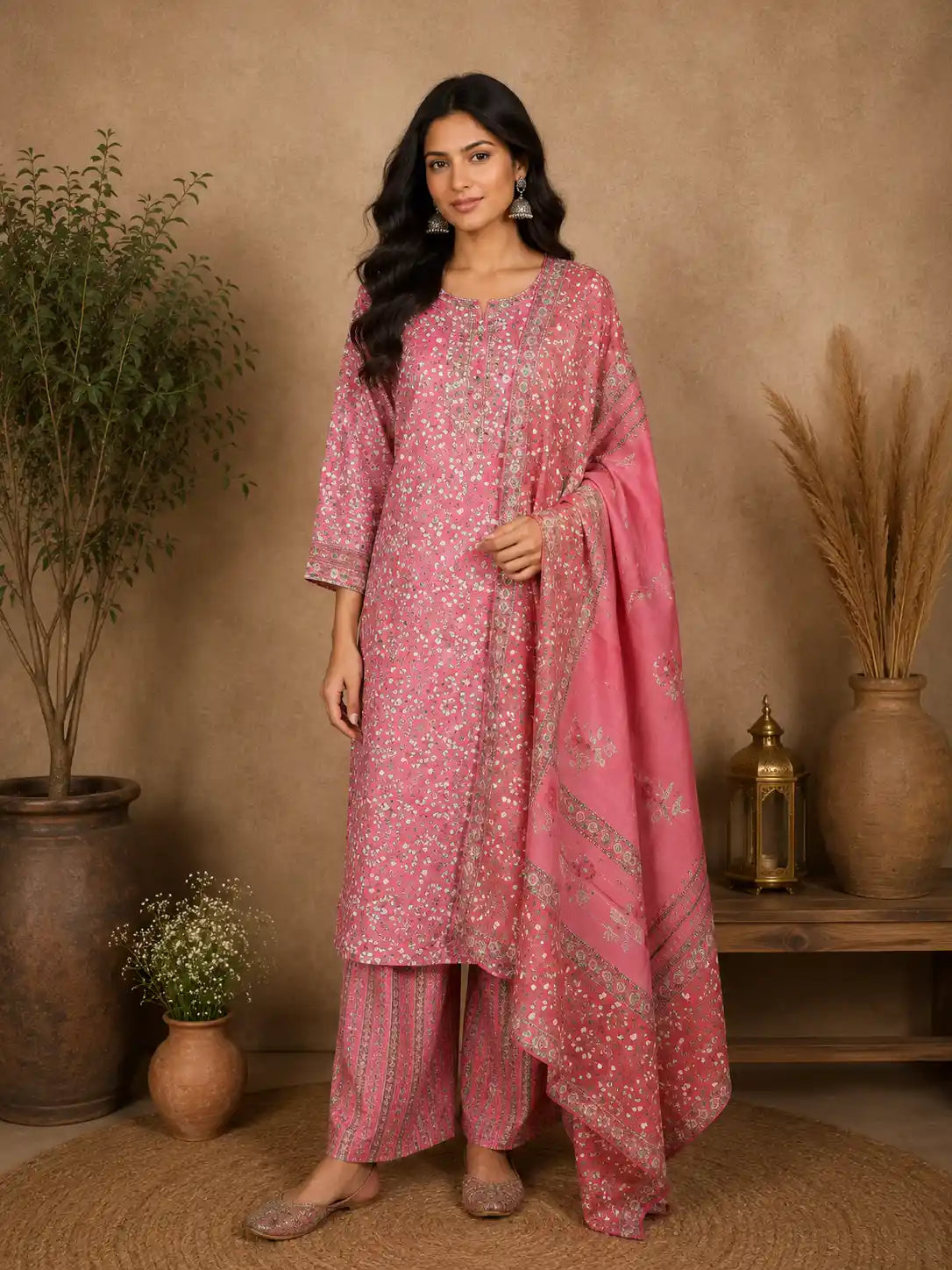 Peach Pink Floral Printed Cotton Salwar Suit with Dupatta