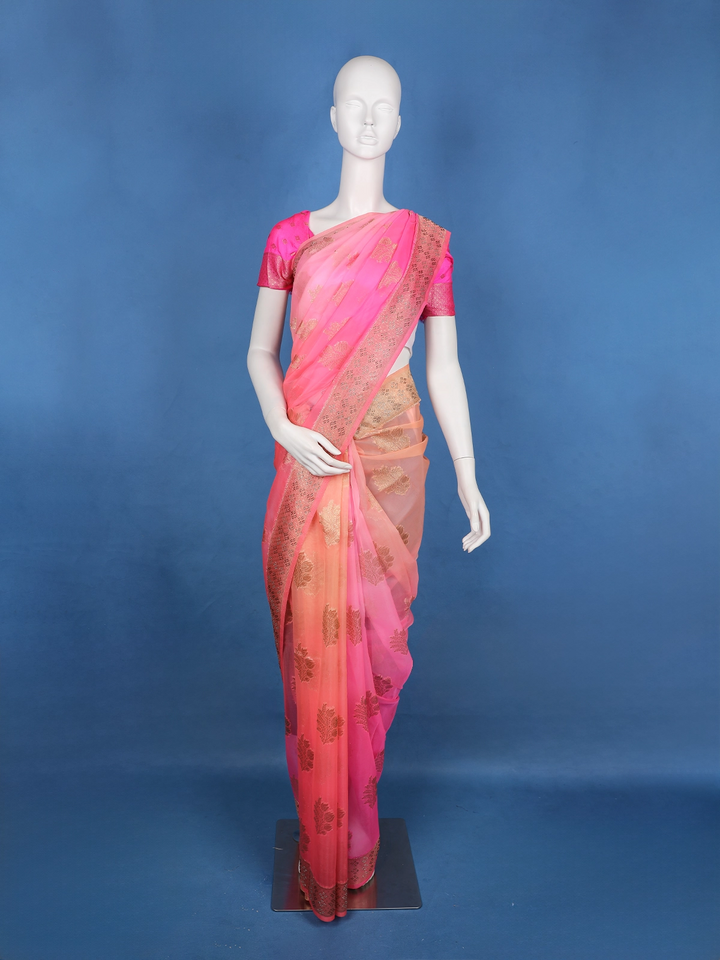Peach Pink Ombre Zari Sequin Embellishment Organza Saree - Diadem