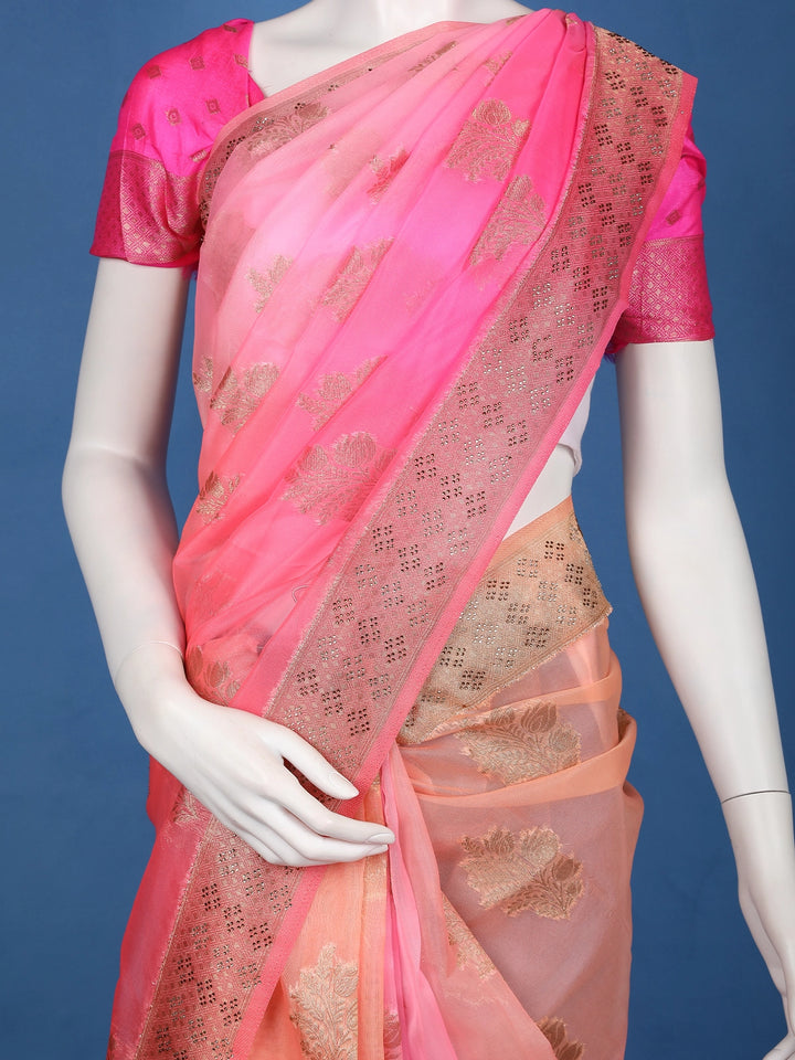 Peach Pink Ombre Zari Sequin Embellishment Organza Saree - Diadem