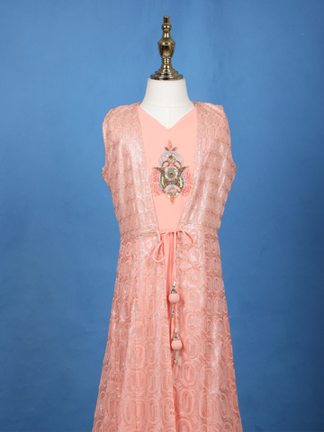 Peach Pink Sequin Embroidery Net Gown - Diadem