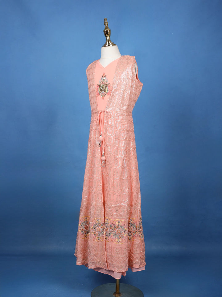 Peach Pink Sequin Embroidery Net Gown - Diadem