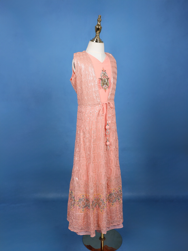 Peach Pink Sequin Embroidery Net Gown - Diadem