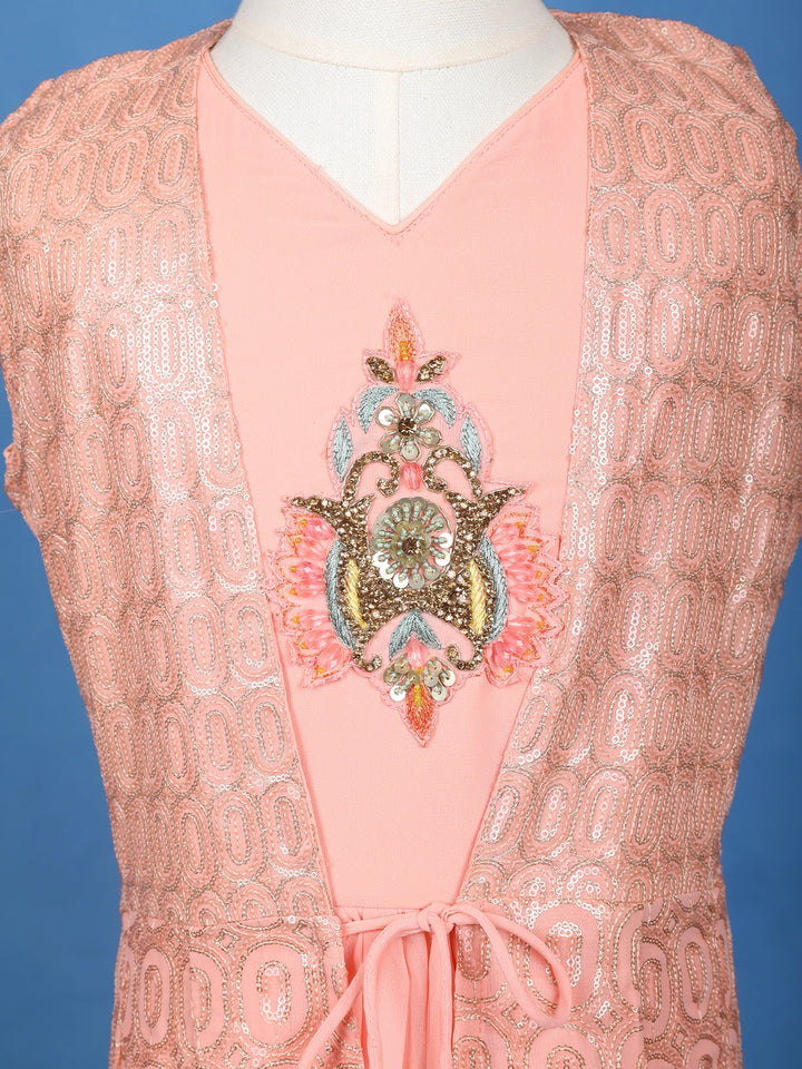 Peach Pink Sequin Embroidery Net Gown - Diadem