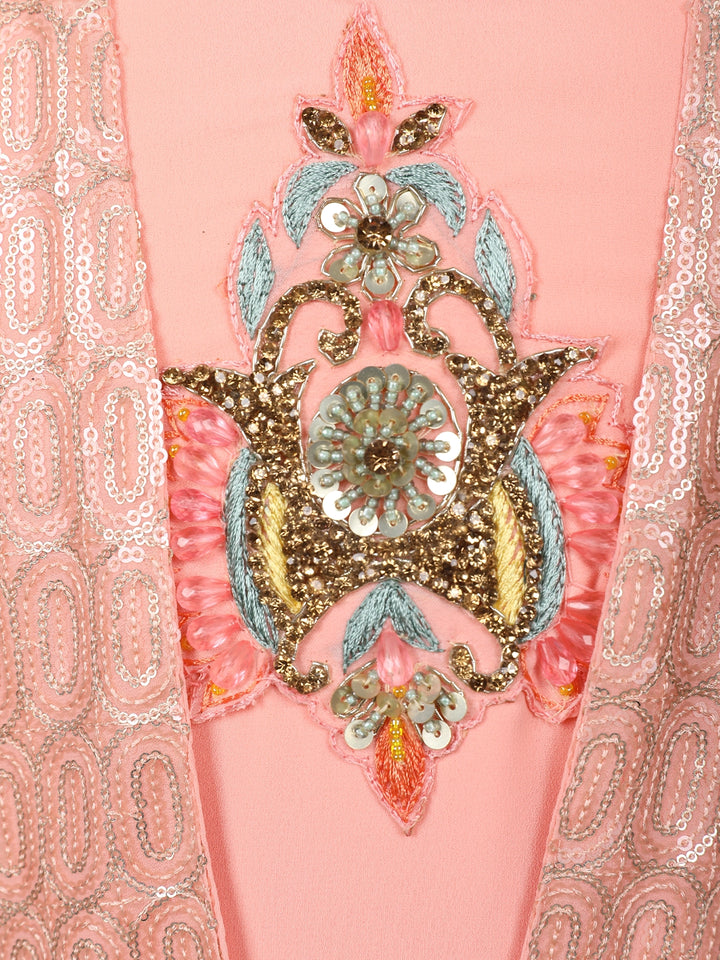 Peach Pink Sequin Embroidery Net Gown - Diadem