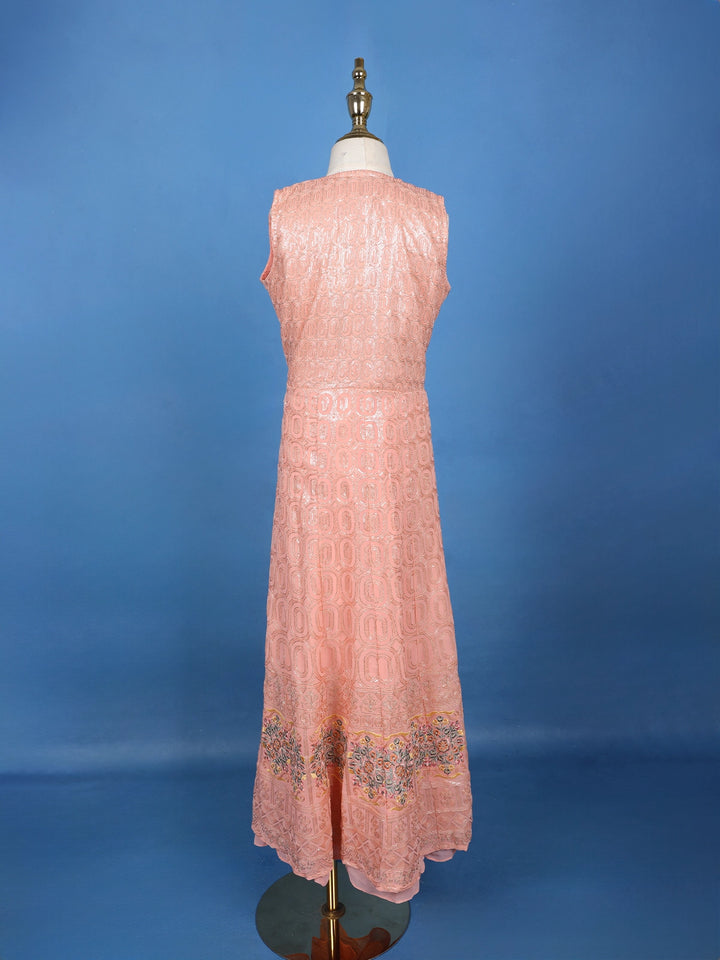 Peach Pink Sequin Embroidery Net Gown - Diadem