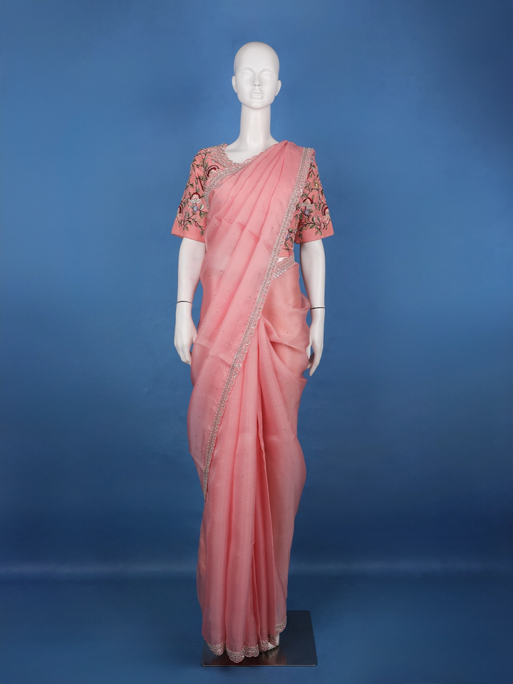 Peach Pink Solid Sequin Embellishment Organza Saree - Diadem