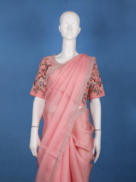 Peach Pink Solid Sequin Embellishment Organza Saree - Diadem