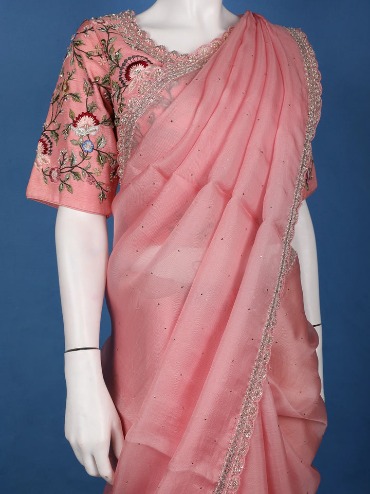 Peach Pink Solid Sequin Embellishment Organza Saree - Diadem