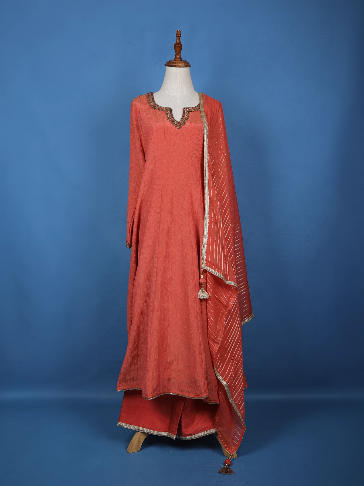 Peach Solid Zardosi Worked Semi Silk Salwar Suit