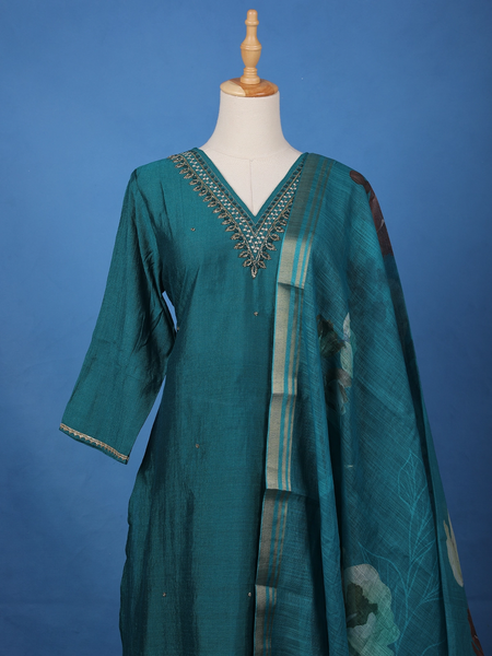 Peacock Blue Beads Embroidered Silk Salwar Suit - Diadem