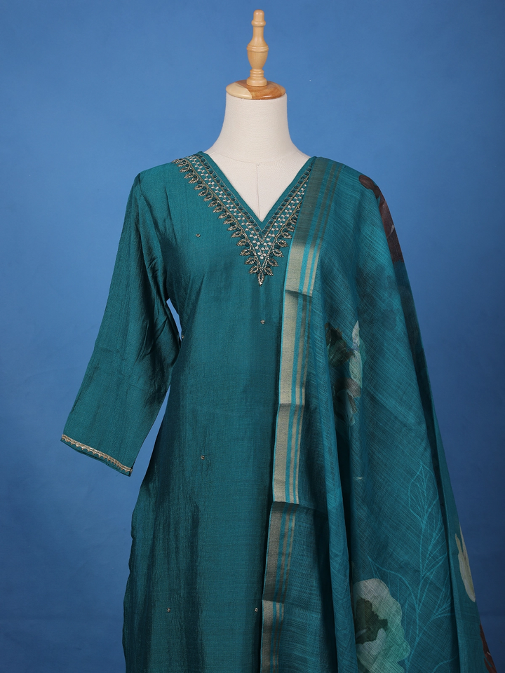 Peacock Blue Beads Embroidered Silk Salwar Suit - Diadem