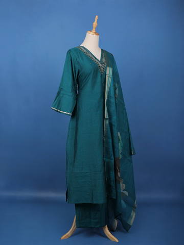 Peacock Blue Beads Embroidered Silk Salwar Suit - Diadem