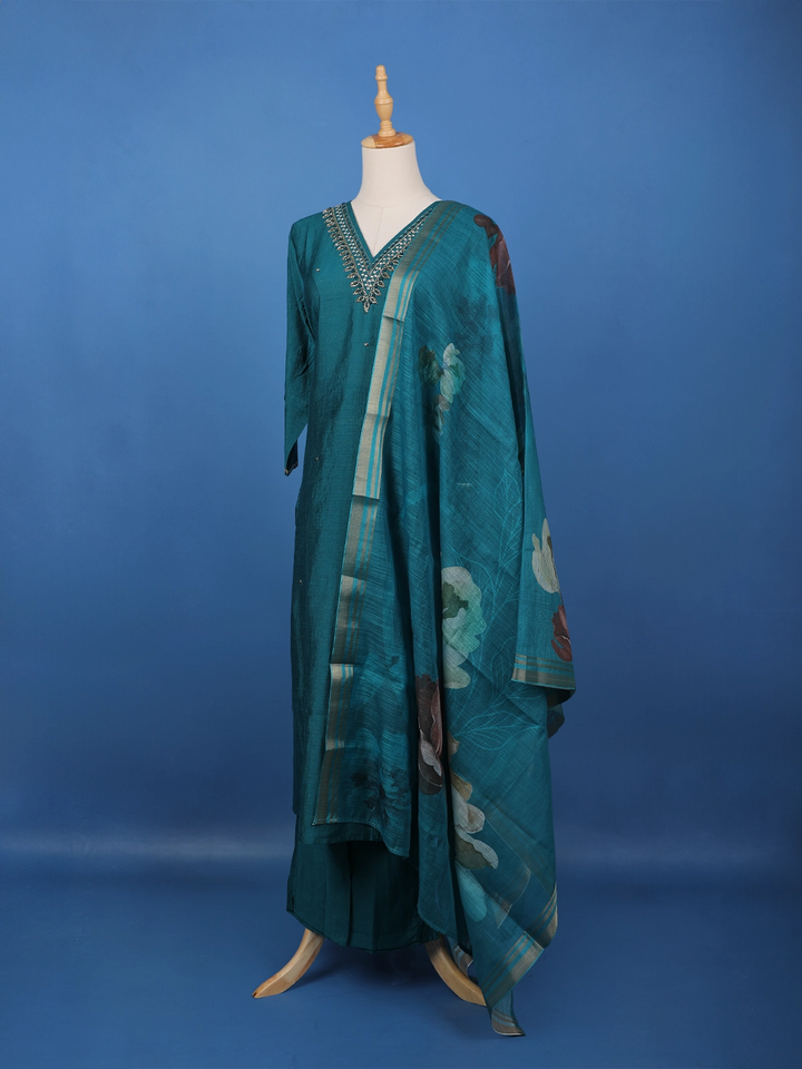 Peacock Blue Beads Embroidered Silk Salwar Suit - Diadem