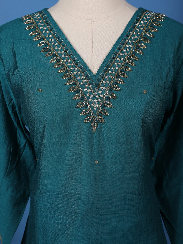 Peacock Blue Beads Embroidered Silk Salwar Suit - Diadem