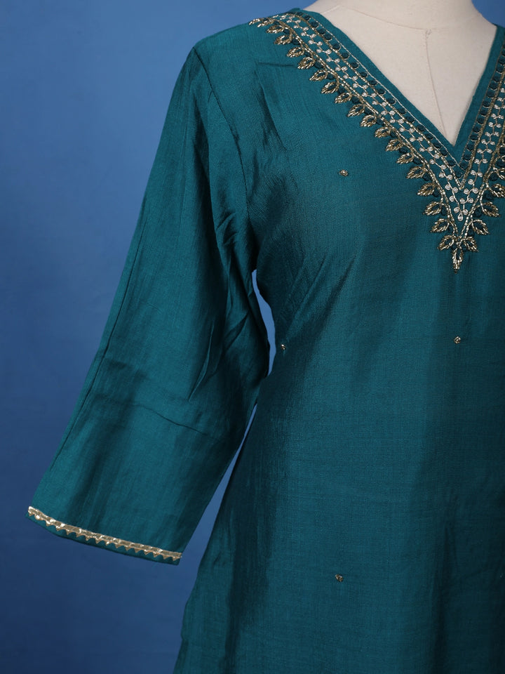 Peacock Blue Beads Embroidered Silk Salwar Suit - Diadem
