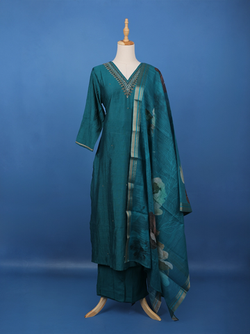 Peacock Blue Beads Embroidered Silk Salwar Suit - Diadem