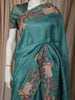 Peacock Blue Checked Zari Embroidered Design Pure Tussar Party Wear Saree with Motif Border