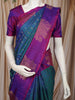 Peacock Blue Checked Zari Woven Design Pure Kanchipuram Silk Saree with Contrast Floral Butta Zari Border