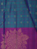 Peacock Blue Checked Zari Woven Design Pure Kanchipuram Silk Saree with Contrast Floral Butta Zari Border