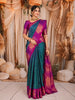 Peacock Blue Checked Zari Woven Design Pure Kanchipuram Silk Saree with Contrast Floral Butta Zari Border