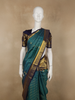 Peacock Blue Checked  and Peacock Zari Woven Design Pure Kanchipuram Silk Saree with Contrast Zari Border
