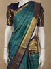 Peacock Blue Checked  and Peacock Zari Woven Design Pure Kanchipuram Silk Saree with Contrast Zari Border