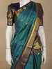 Peacock Blue Checked  and Peacock Zari Woven Design Pure Kanchipuram Silk Saree with Contrast Zari Border