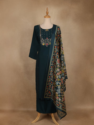 Peacock Blue Floral Design Cotton Salwar Suit with Dupatta - Diadem