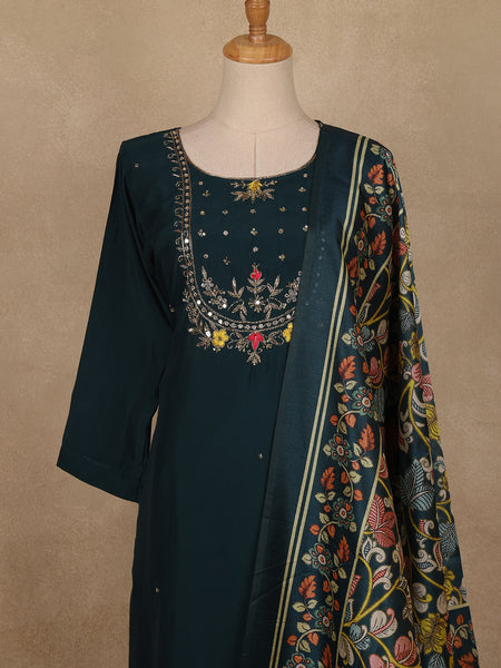 Peacock Blue Floral Design Cotton Salwar Suit with Dupatta - Diadem