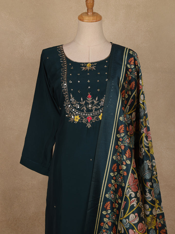 Peacock Blue Floral Design Cotton Salwar Suit with Dupatta - Diadem