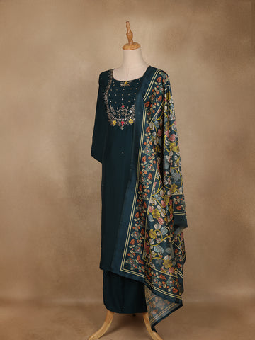 Peacock Blue Floral Design Cotton Salwar Suit with Dupatta - Diadem